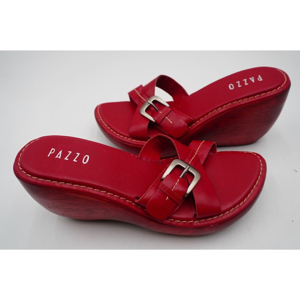 PAZZO Vintage Red Leather Wedge Wood Platform Slide Mules Buckle Y2K 90s Sz 11B